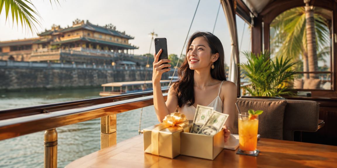 Người dùng tại Huế theo dõi sự kiện thể thao trực tuyến qua điện thoại bên ly cà phê